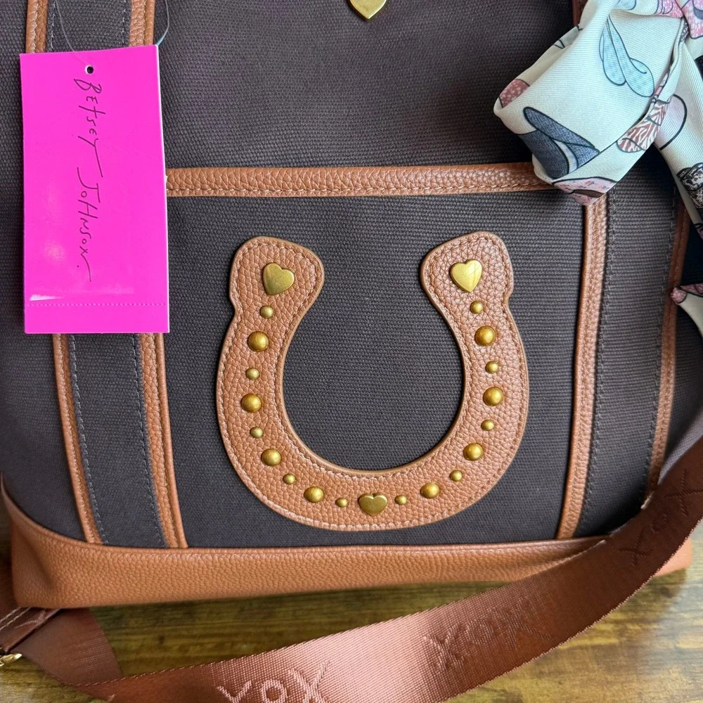 New Betsey Johnson Brown Tote Shoulder Handbag Horse Cowboy Western Cute